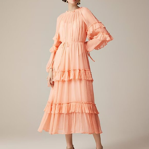 J Crew Womens Tiered ruffle dress in chiffon Size 2 Glowy Peach Color - Picture 1 of 5